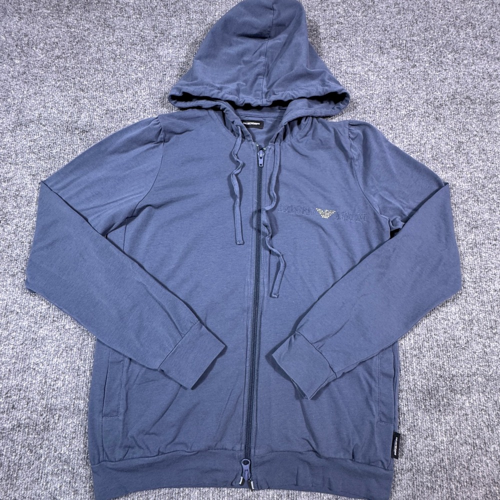 Emporio‎ Armani Women Cotton Stretch Double Zip Blue Rhinestone Logo Jacket Hood
